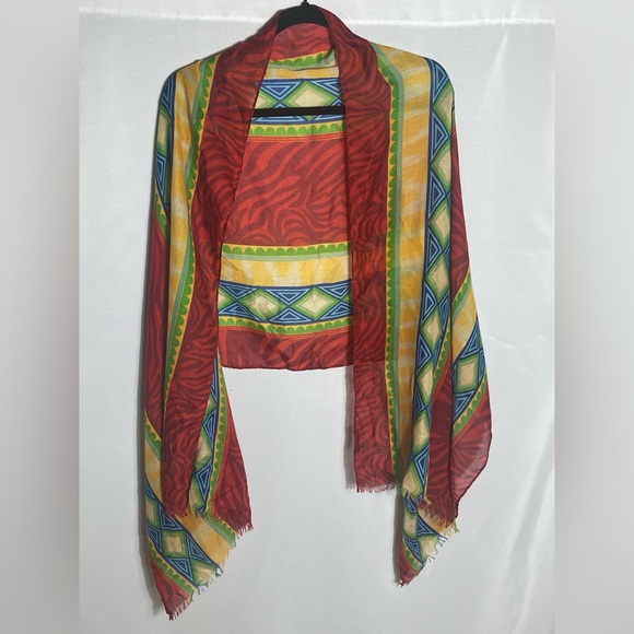 Blue Pacific Cashmere Silk Shawl Scarf Red Yellow Geometric Print Made in Spain